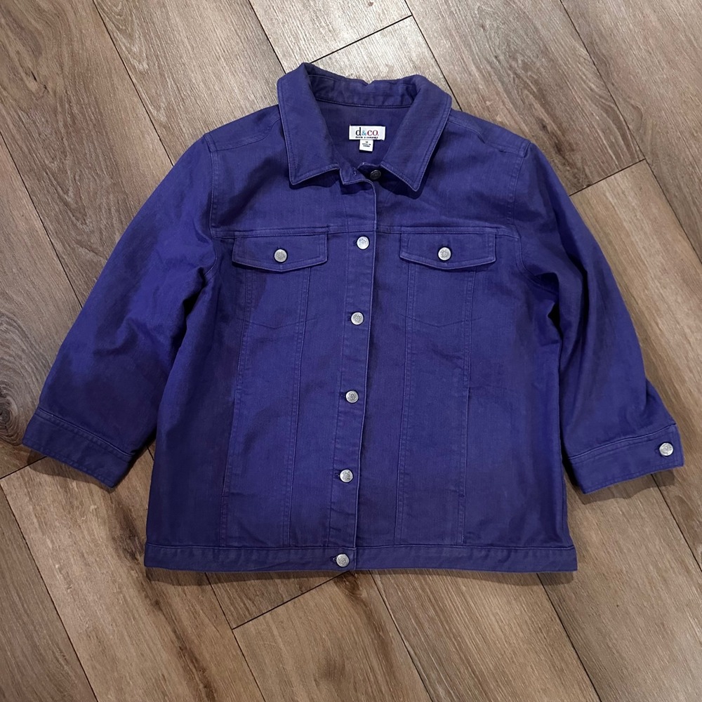 Denim & Co. Purple Denim Jacket Women Medium 3/4 Sleeve Button Up Trucker Coat